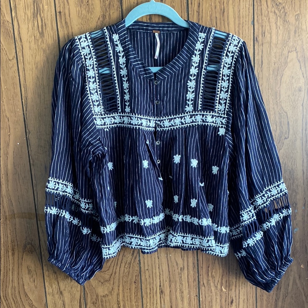 Free People Blue and White Embellished Boxy Blouse